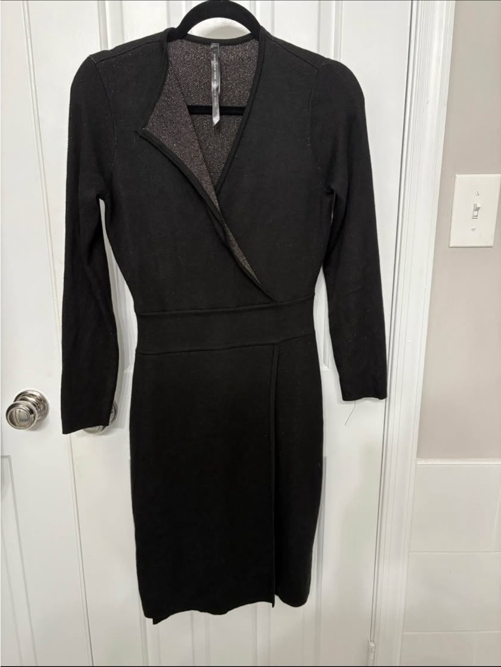Classic Black Long-Sleeve Wrap-Front Knit Dress